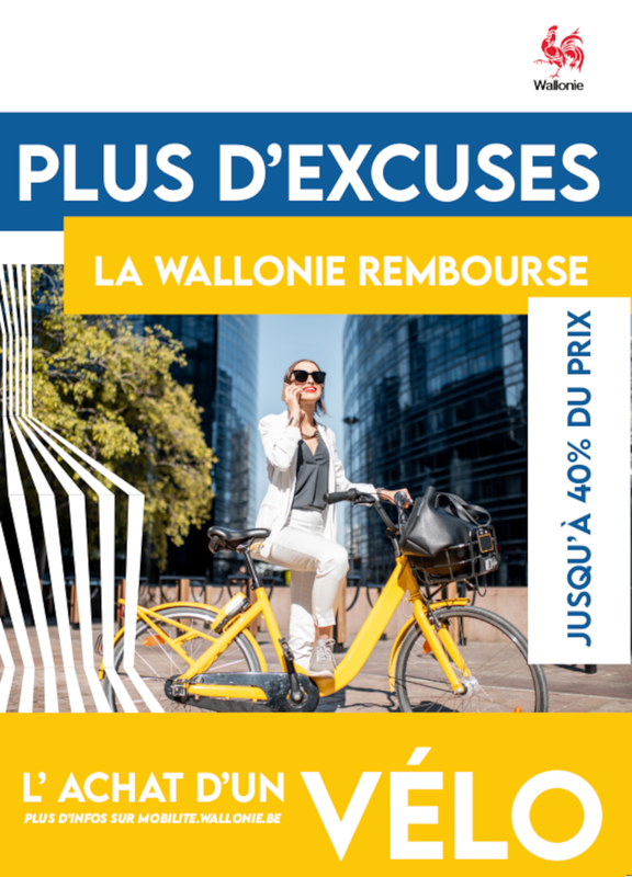 Affiche / Poster. Plus d'excuses. La Wallonie rembourse jusqu'à 40 % du prix l'achat d'un vélo [2024] (numérique)