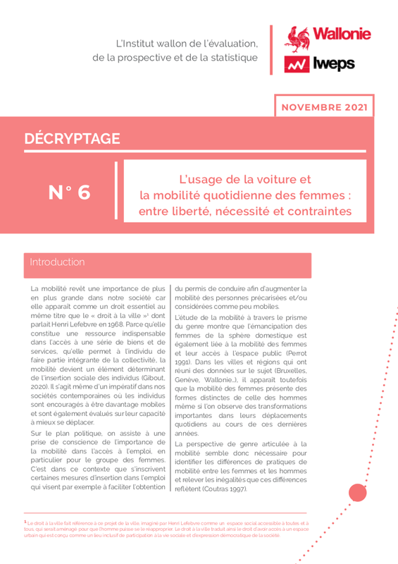 IWEPS - Décryptage № 06 - L’usage de la voiture et la mobilité quotidienne des femmes : entre liberté, nécessité et contraintes (numérique)