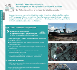 Plan wallon 2021-2025. Primes à l'adaptation technique : une aide pour les entreprises de transports fluviaux. La Wallonie soutient le secteur fluvial et intermodal ! (numérique)